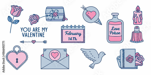 A collection of valentine s day themed illustrations and romantic symbols