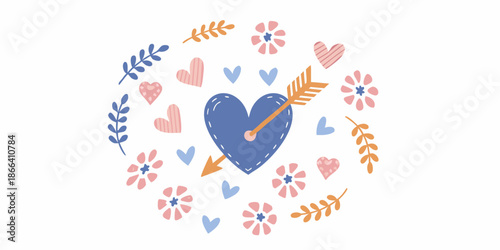 A circular design with hearts flowers and an arrow pierced heart centerpiece