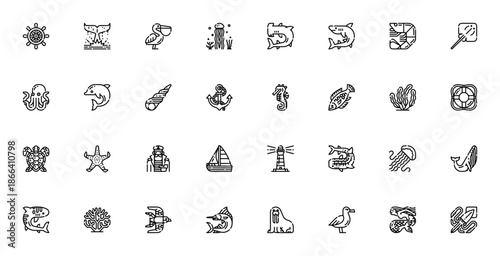 Sea icon set. Vector illustration pack featuring steering wheel, whale, dolphin, shark, octopus, turtle, seahorse, anchor, lighthouse, sailor, mermaid, fish, jellyfish, coral and more.