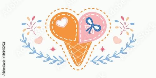 A delightful illustration featuring an ice cream cone shaped like a heart