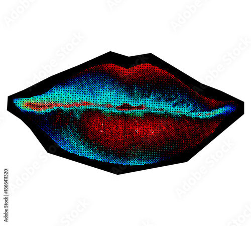 A vibrant modern digital pop art illustration of full female lips in pixel art style with a colorful blue red and green halftone dotted texture on a black background creative retro artistic graphic 