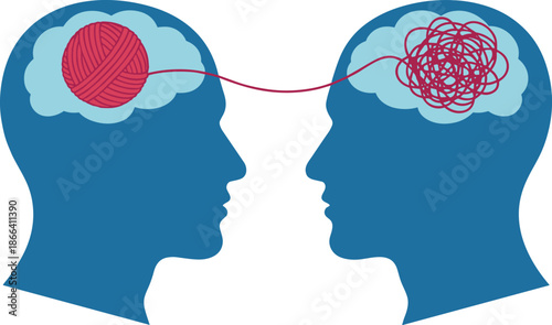 Mental health communication illustration showing two human heads with tangled and organized thoughts connected by a thread, symbolizing psychology, empathy, therapy,