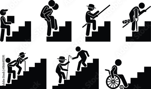 People climbing stairs with different challenges and assistance