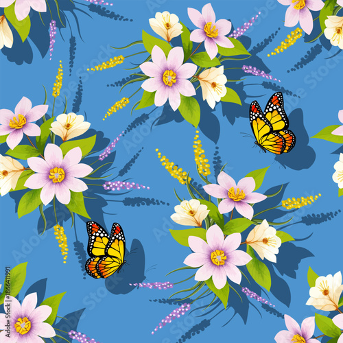 Bouquets of flowers and bright butterflies on a colored background with shadow.Vector pattern with beautiful bouquets of flowers and bright butterflies on a colored background.