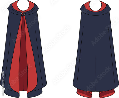 Front and back views of dark blue cloak with red lining and ornate clasp for costume design, fashion, and character concept vector illustration.