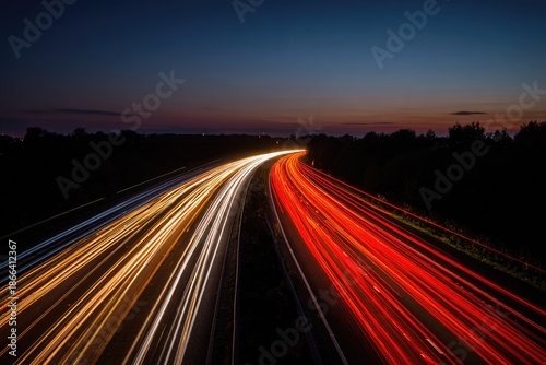 Highway at night; long exposure shows light trails of vehicles against a dark sky