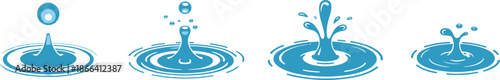 Stylized water droplet splash sequence illustrating fluid motion and ripple effects for physics, nature, and artistic vector illustration content.