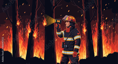 Brave Firefighter Battling a Forest Fire with Determination.