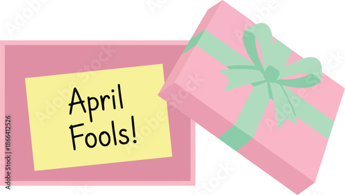 Open pink gift box with mint green ribbon revealing a yellow sticky note saying April Fools inside as a funny holiday prank surprise concept for joking and tricking friends or family.