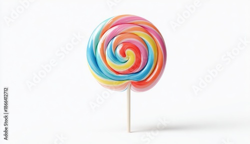 A vibrant, swirled, multicolored hard candy on a stick against a white backdrop