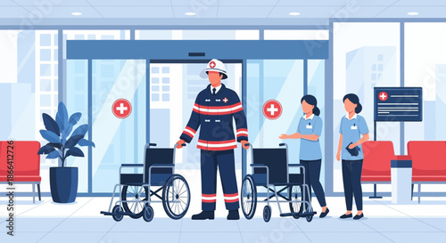 Firefighter and Medical Staff at Hospital Entrance with Wheelchairs.