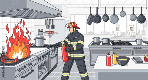 Firefighter Tackling Kitchen Fire with Extinguisher.