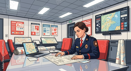 Focused Officer Reviewing Map in Control Room.