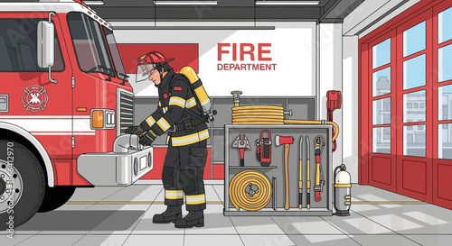 Firefighter Preparing Equipment at Fire Station with Firetruck.