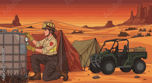 Firefighter Marking Water Tank in Desert Landscape Illustration.