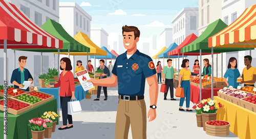 Friendly Officer at a Bustling Outdoor Market.