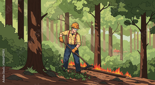 Forestry Worker Conducting a Controlled Burn in a Forest.