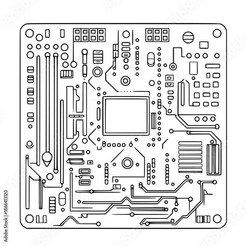 Mechanical marvel precision: Electronics board artistry | Clean, isolated vector art for creative projects.