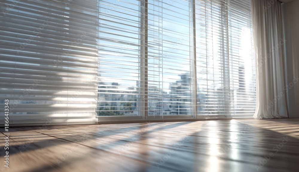 Fototapeta premium Light streams through blinds, illuminating wooden floor, cityscape in background