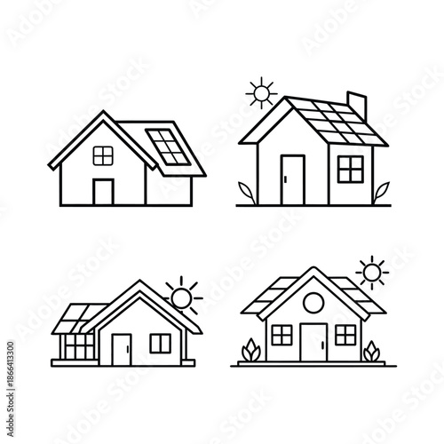 A set of eco house with solar panel line art vector illustration