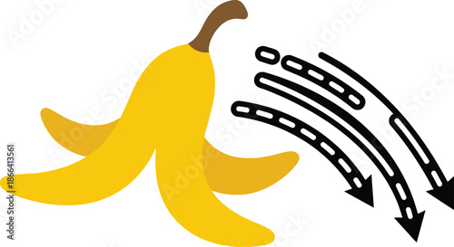 Slippery yellow banana peel skin lying on floor with dashed motion lines indicating slipping hazard and falling accident risk concept for safety caution or funny comic joke symbol icon.