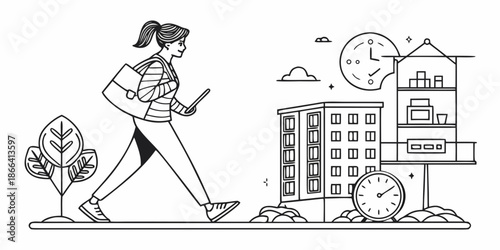 Illustration of a woman walking past buildings with a laptop and a backpack, symbolizing work-life balance or urban commute