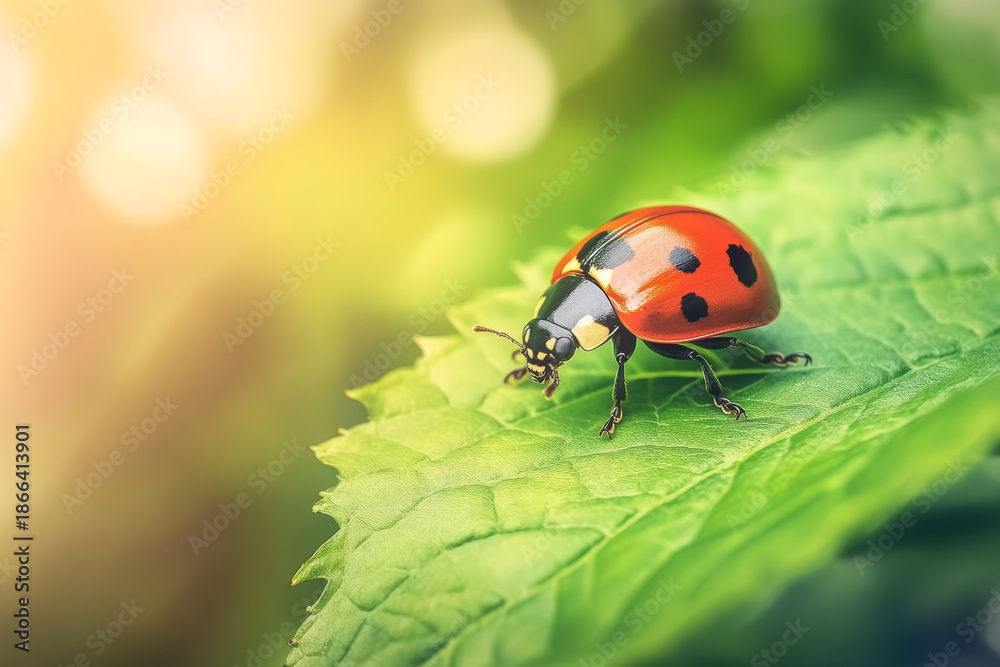 Fototapeta premium Ladybug Crawls on Vibrant Green Leaf in Sunlight