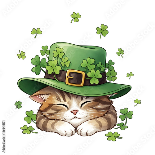 Sleeping cat wearing green hat with shamrocks for St. Patrick's Day  