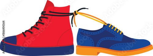 Red High Top Sneaker And Blue Business Shoe With Shoelaces Tied Together Concept Of Partnership Teamwork And Connection Between Different People Styles Symbolizing Unity And Cooperation.