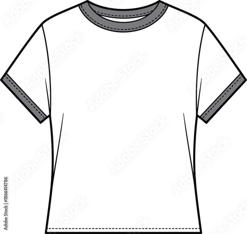 Women's crew neck T-shirt technical sketch with short sleeves and ringer detail for fashion apparel design