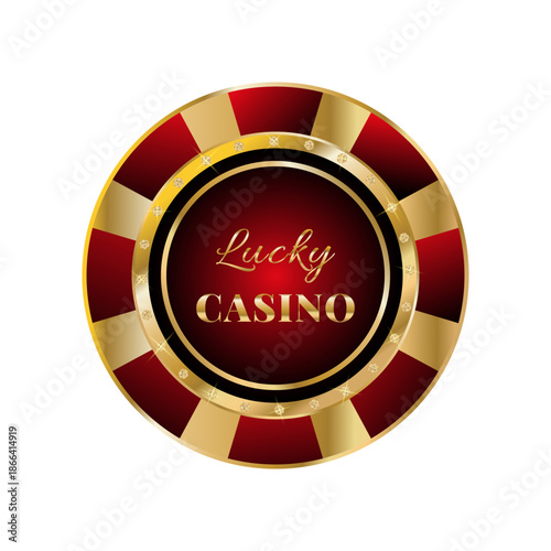 Gold and red  poker chips with text on white background. Gambling token with suit for poker and casino. VIP. Design for advertising, games, casino,  posters. Vector illustration.