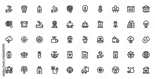 Ecology icon set. Vector illustration. Includes symbols for recycle, solar panel, energy saving, global warming, pollution, tree, bioenergy and more.