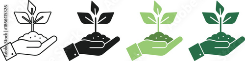 Set of Four Hand Holding Sprout Icons in Different Styles Featuring Line Art Silhouette and Green Gradient for Environmental Sustainability Projects