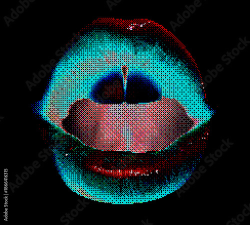 A vibrant modern digital pop art illustration of full female lips in pixel art halftone style with colourful red blue and green texture on a black background creative retro artistic graphic design ele