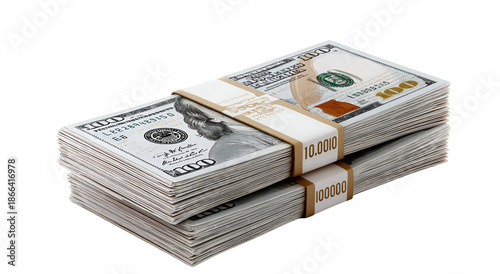 Two stacks of bundled bills, with visible denomination labels and strapped securely