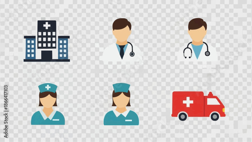 Set of healthcare and medical profession icons including hospital building, male doctors, female nurses, and an ambulance in flat design style.