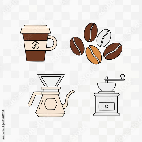 A collection of coffee-related items including a disposable cup, roasted beans, a pour-over brewer, and a manual grinder, presented as line art icons.