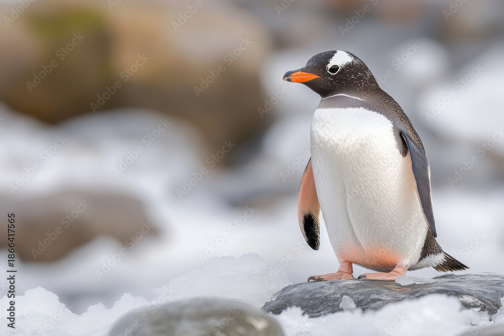 Fototapeta premium Gentoo Penguin Standing on Icy Ground in Nature