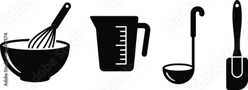 Kitchen utensils for pancake batter preparation flat design illustration