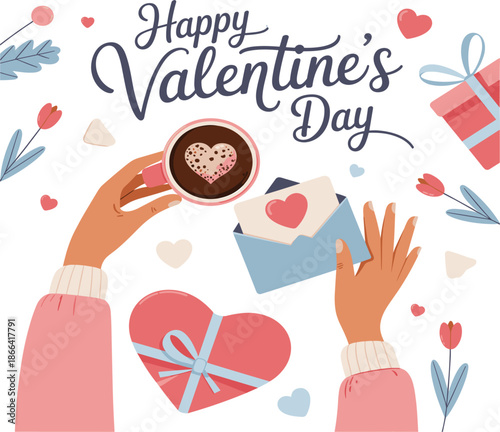 Happy Valentine's Day illustration with woman hands holding coffee cup, love letter, and heart shaped gift box