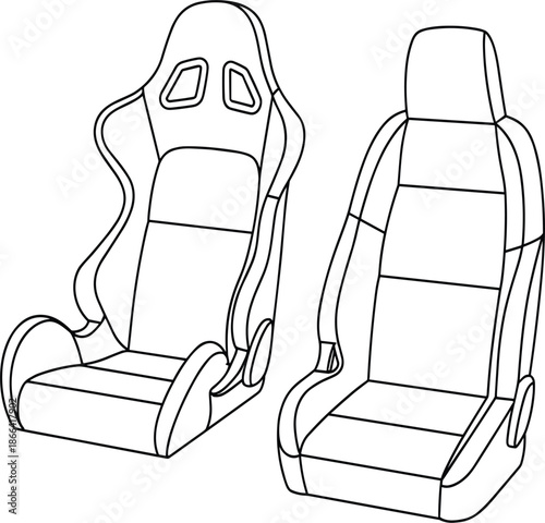 Car seat line art illustration set with bucket racing seat and standard passenger seat designs for automotive interior