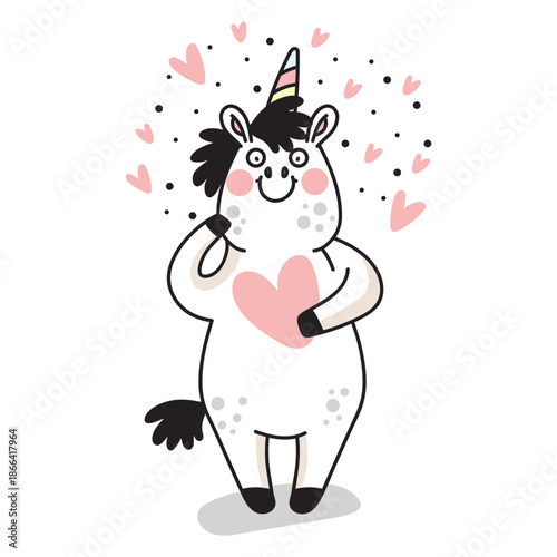 Cute cartoon unicorn with a hearts colored vector illustration
