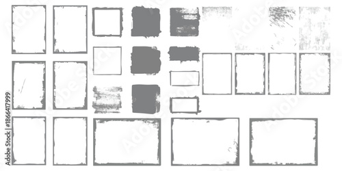 A versatile collection of grunge distressed borders, frames, and texture elements for graphic design projects