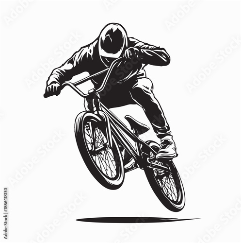 Cyclist Rider Bmx Performs Trick Jump Logo Silhouette Vector on white Background
