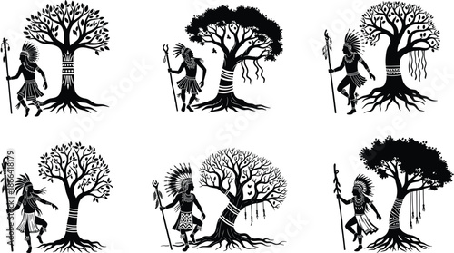 Children and animals enjoying vector tree silhouettes in a nature cartoon illustration