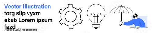 Gear symbolizing processes, lightbulb for ideas, and person with umbrella for safety. Ideal for innovation, technology, creativity, productivity, protection, brainstorming simple landing page