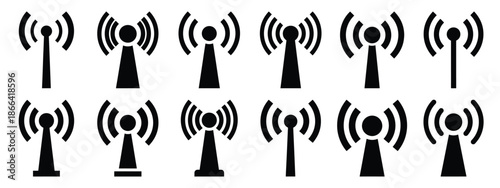 Minimalist black silhouette of a antenna signal vector icon set.