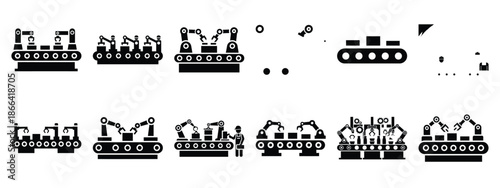 Minimalist black silhouette of a assembly line vector icon set.