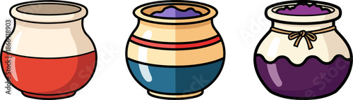 Three colorful jars filled with various powders on a transparent background, showcasing distinct designs and vibrant colors reflecting artistry and craftsmanship.