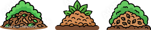 Three distinct piles of soil with plants, showcasing different types of organic materials in an ecological setting on a transparent background.